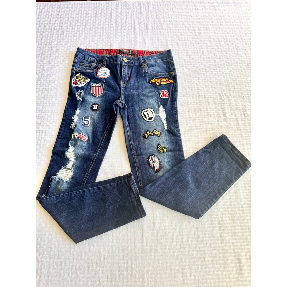 Rue21 Premiere Women Distressed Patch Skinny Jeans Dark Wash Y2K‎ Grunge Sz 7/8R